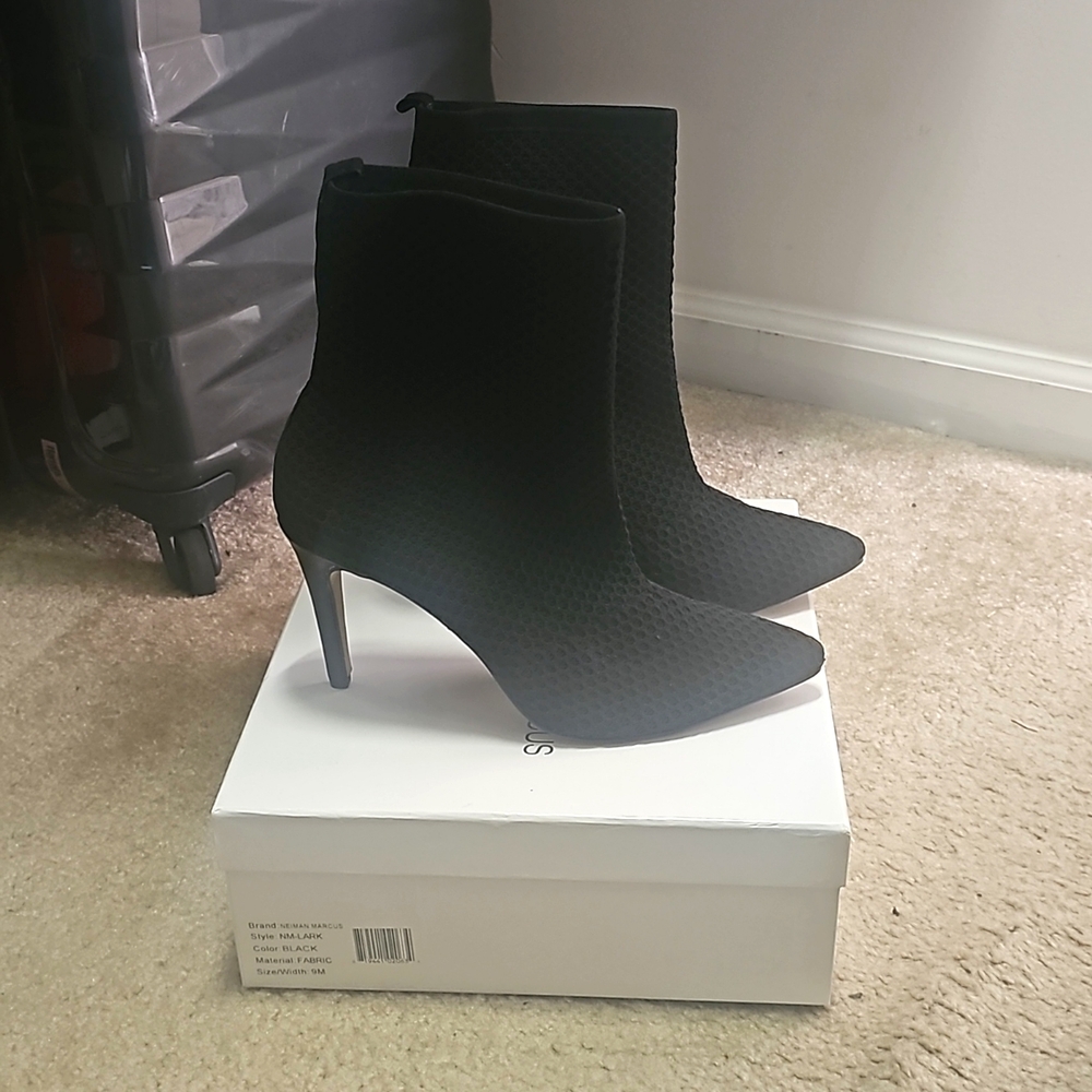 Nieman Marcus brand black fabric high heel bootie